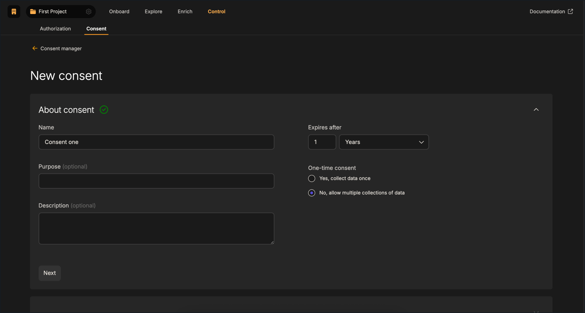 New consent form with name, expiry selector, one-time vs multiple collections, and description fields.